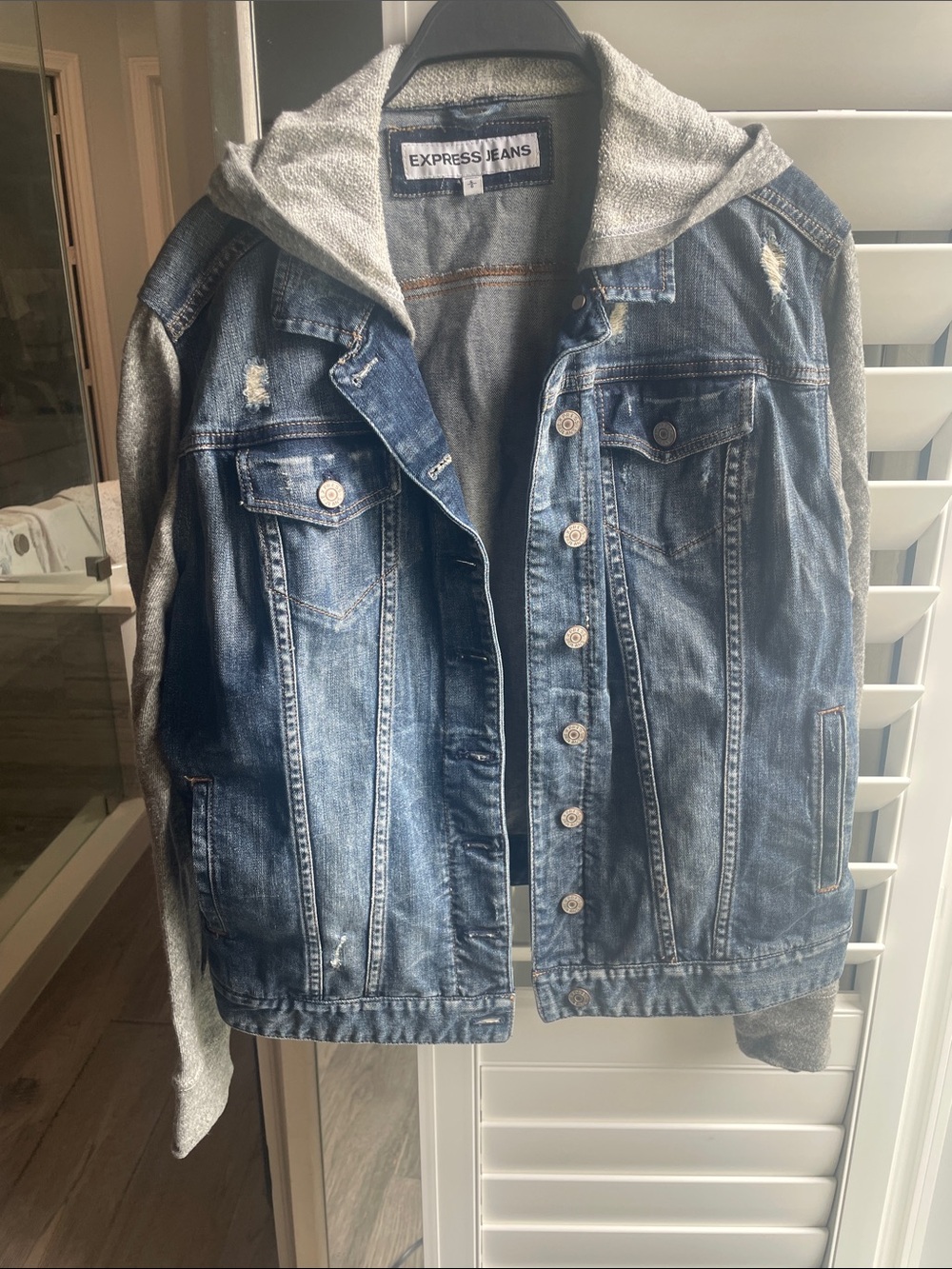 Blue Denim Jacket with Gray Hooded Sweatshirt Lining